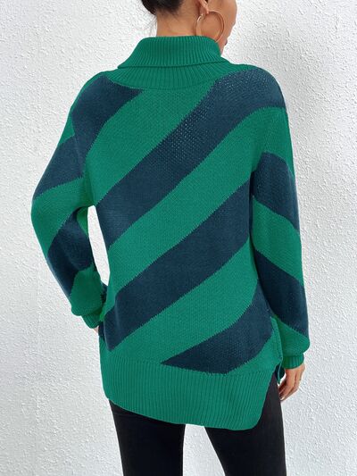Blue Zone Planet | Striped Turtleneck Dropped Shoulder Sweater BLUE ZONE PLANET