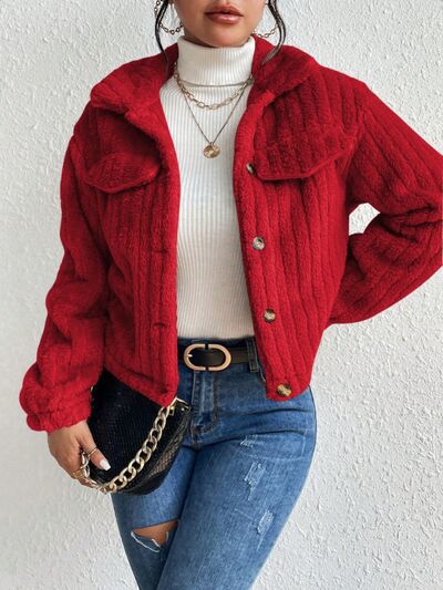 Blue Zone Planet | Fuzzy Button Up Collared Neck Jacket BLUE ZONE PLANET