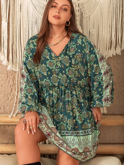 Blue Zone Planet | Plus Size V-Neck Balloon Sleeve Printed Mini Dress BLUE ZONE PLANET