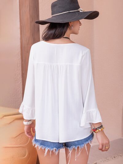 Blue Zone Planet | Cutout V-Neck Flounce Sleeve Blouse BLUE ZONE PLANET
