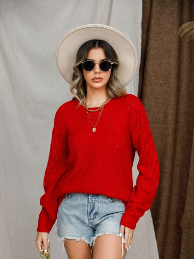 Openwork Round Neck Raglan Sleeve Sweater BLUE ZONE PLANET