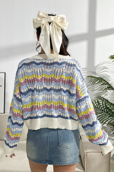 Blue Zone Planet | Striped Openwork Dropped Shoulder Sweater BLUE ZONE PLANET