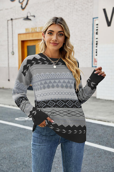 Round Neck Drop Shoulder Sweater BLUE ZONE PLANET