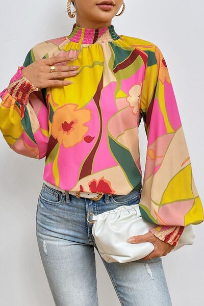 Blue Zone Planet | Floral Smocked Lantern Sleeve Mock Neck Blouse BLUE ZONE PLANET