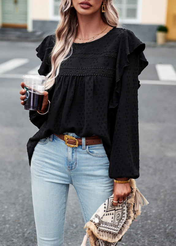 Blue Zone Planet | Elegant lace patchwork long-sleeved top blouse BLUE ZONE PLANET