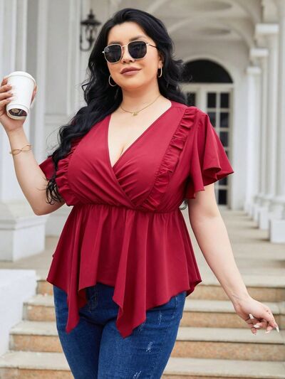 Plus Size Frill Surplice Flutter Sleeve Blouse BLUE ZONE PLANET