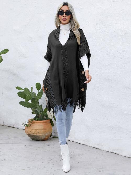 Fringe Trim Buttoned Hooded Poncho BLUE ZONE PLANET