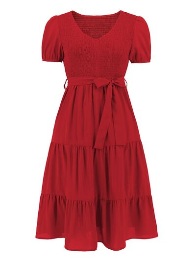 Blue Zone Planet | Smocked Tie Front Short Sleeve Tiered Dress BLUE ZONE PLANET