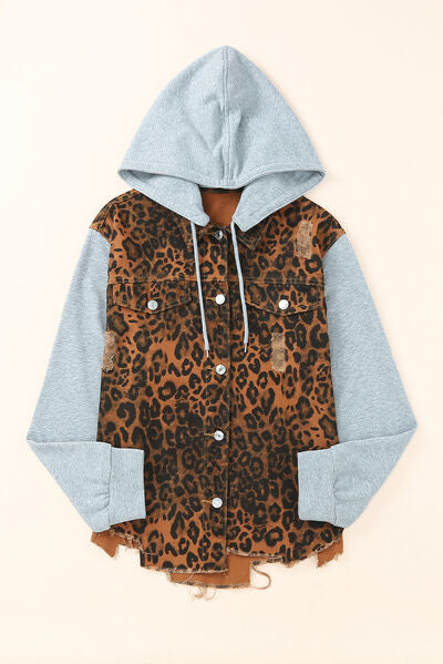 Blue Zone Planet | Leopard Distressed Drawstring Hooded Denim Jacket BLUE ZONE PLANET