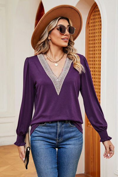 Lace Detail V-Neck Lantern Sleeve T-Shirt Trendsi