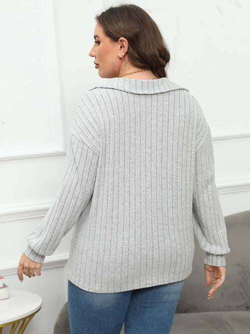 Plus Size Ribbed Collared Neck Long Sleeve Blouse BLUE ZONE PLANET