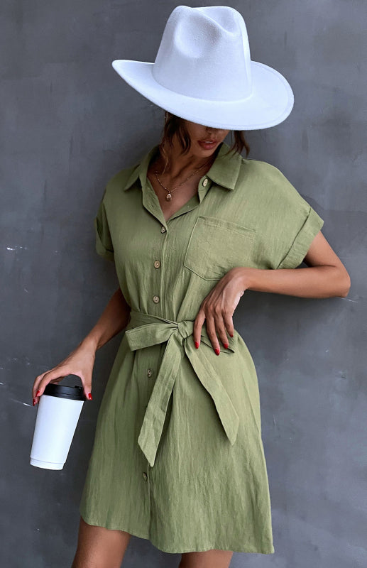 Shirt Dress Green Lace Up Short Sleeve Cotton Linen Dress kakaclo