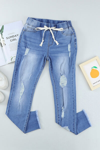 Blue Zone Planet | Drawstring Distressed Raw Hem Jeans with Pockets BLUE ZONE PLANET