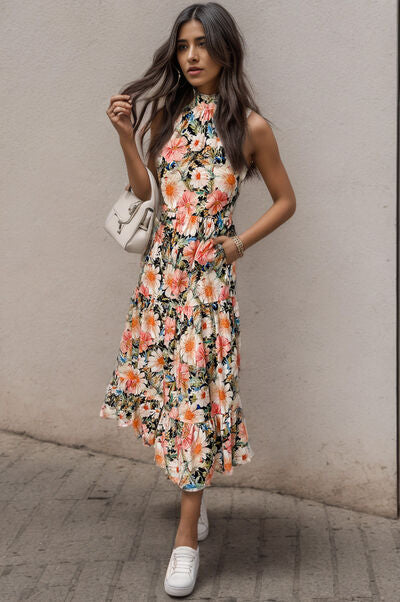 Blue Zone Planet | Printed Tiered Pocketed Mock Neck Midi Dress BLUE ZONE PLANET