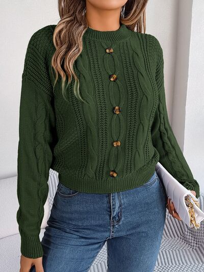 Blue Zone Planet | Cable-Knit Buttoned Round Neck Sweater BLUE ZONE PLANET