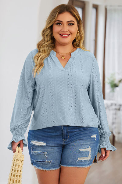 Blue Zone Planet | Plus Size Eyelet Notched Flounce Sleeve Blouse BLUE ZONE PLANET