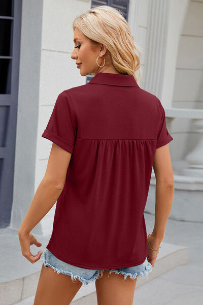 Blue Zone Planet | Ruched Johnny Collar Short Sleeve Blouse BLUE ZONE PLANET