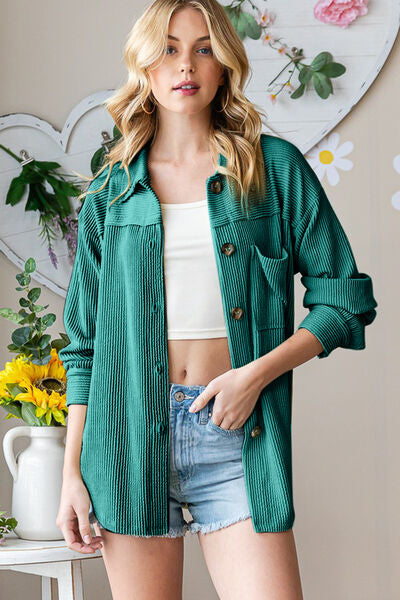 Reborn J Striped Button Up Long Sleeve Shacket BLUE ZONE PLANET