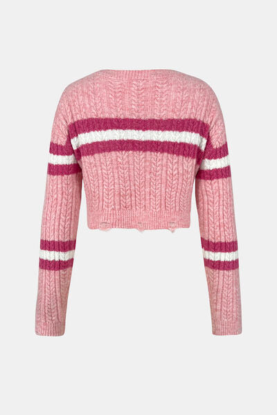 Blue Zone Planet | Cable-Knit Striped Dropped Shoulder Sweater BLUE ZONE PLANET