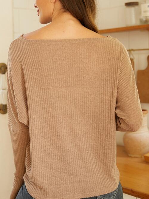Ribbed Round Neck Long Sleeve Knit Top BLUE ZONE PLANET