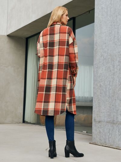 Blue Zone Planet |  Plaid Pocketed Button Up Trench Coat BLUE ZONE PLANET