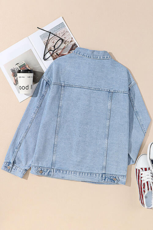 Pocketed Geometric Collared Neck Denim Jacket BLUE ZONE PLANET