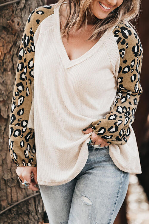 Plus Size Leopard V-Neck Raglan Sleeve Blouse BLUE ZONE PLANET