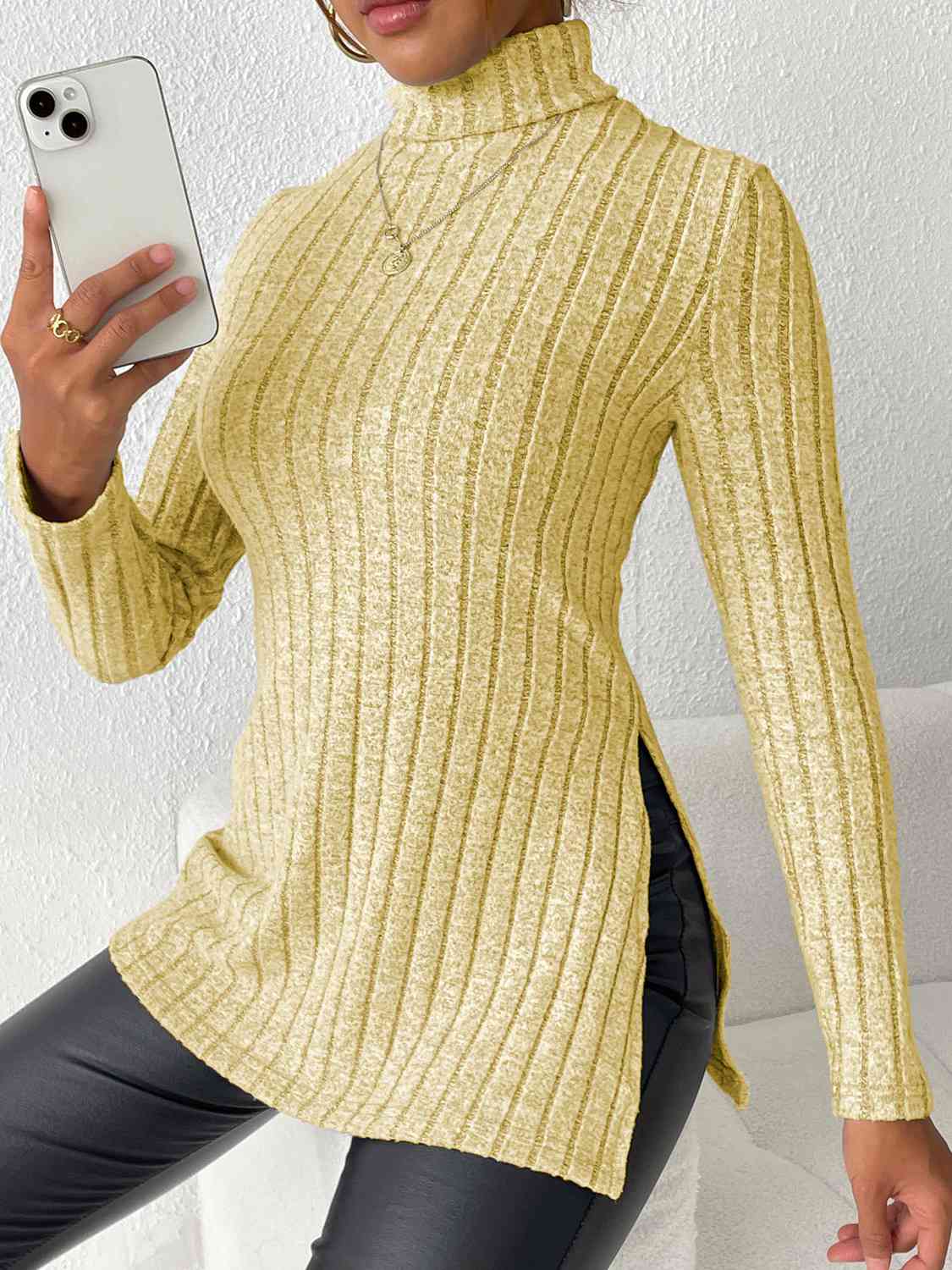 Ribbed Turtleneck Long Sleeve Slit T-Shirt BLUE ZONE PLANET