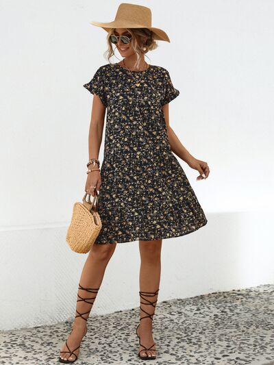 Blue Zone Planet |  Frill Floral Round Neck Short Sleeve Tiered Dress BLUE ZONE PLANET