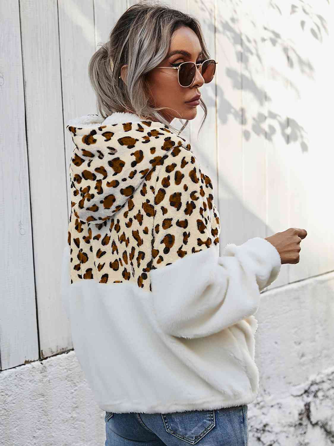 Blue Zone Planet | Leopard Half-Zip Dropped Shoulder Hoodie BLUE ZONE PLANET