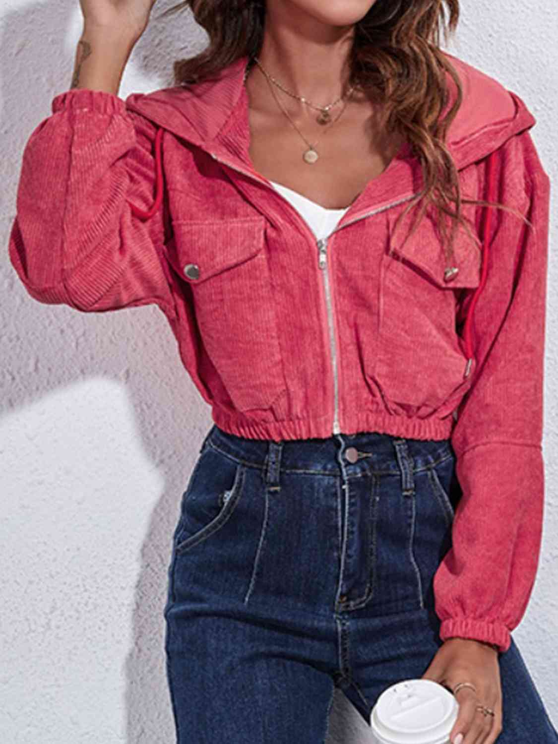 Drawstring Hooded Zip Up Jacket with Pockets BLUE ZONE PLANET