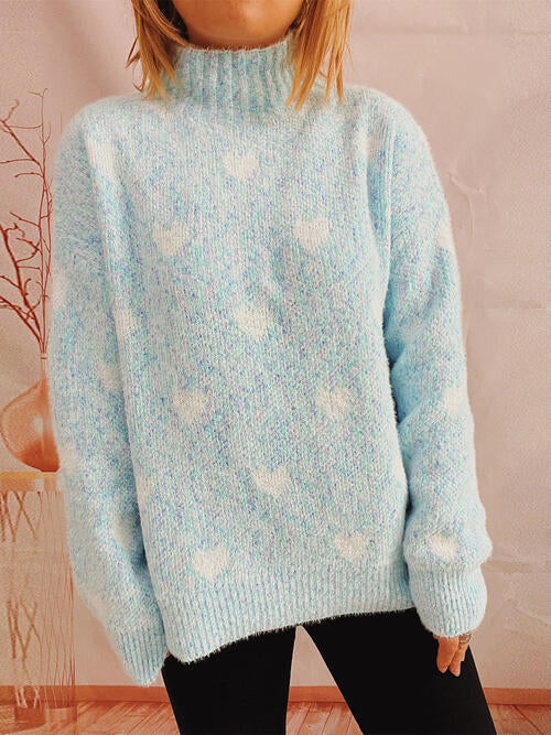 Blue Zone Planet | Heart Heathered Turtleneck Drop Shoulder Sweater BLUE ZONE PLANET
