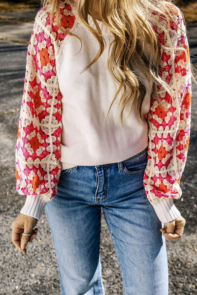 Blue Zone Planet | Flower Element Openwork Round Neck Sweater BLUE ZONE PLANET