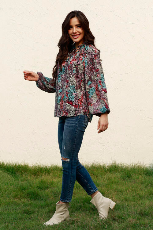 Tie Neck Heathered Balloon Sleeve Blouse BLUE ZONE PLANET