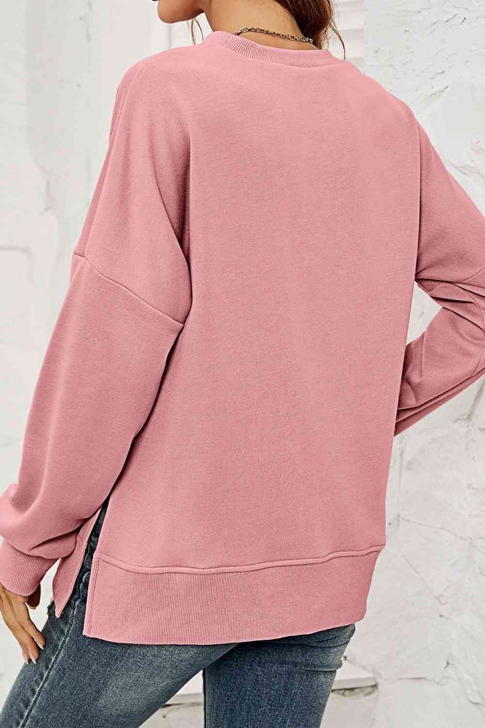Round Neck Dropped Shoulder Slit Sweatshirt BLUE ZONE PLANET