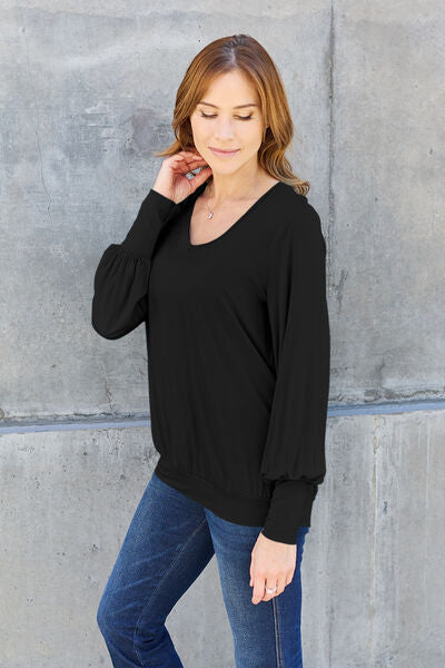 Blue Zone Planet | Basic Bae Full Size V-Neck Lantern Sleeve Blouse BLUE ZONE PLANET