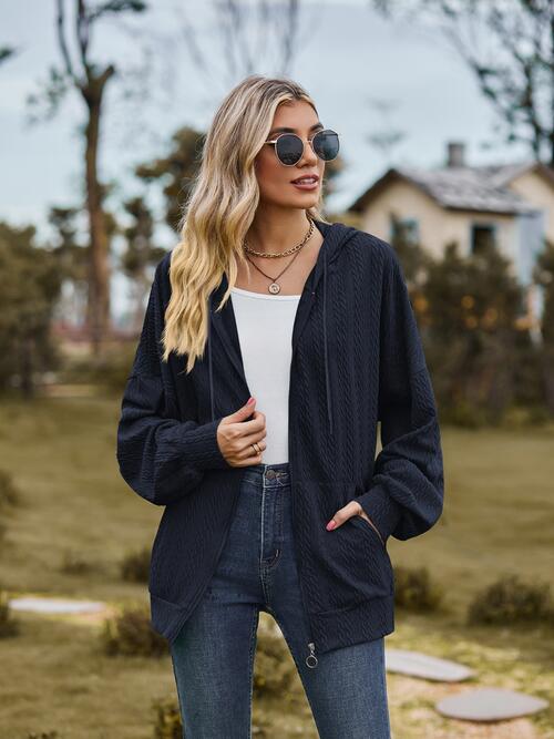 Zip Up Drawstring Long Sleeve Hooded Jacket BLUE ZONE PLANET