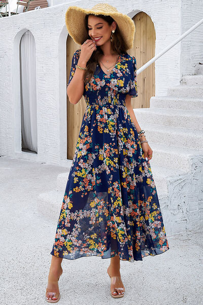 Blue Zone Planet | Smocked Floral V-Neck Short Sleeve Dress BLUE ZONE PLANET