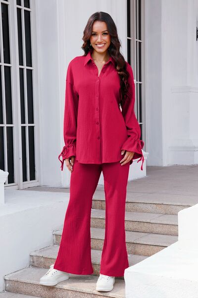 Blue Zone Planet | Drawstring Flounce Sleeve Shirt and Pants Set BLUE ZONE PLANET