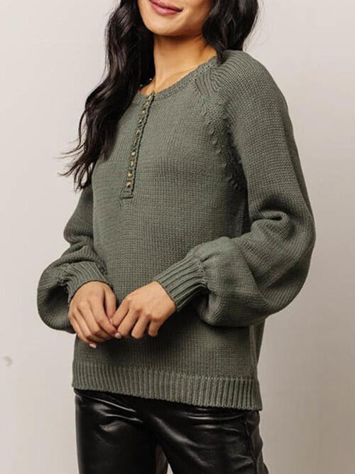 Buttoned Round Neck Long Sleeve Sweater BLUE ZONE PLANET