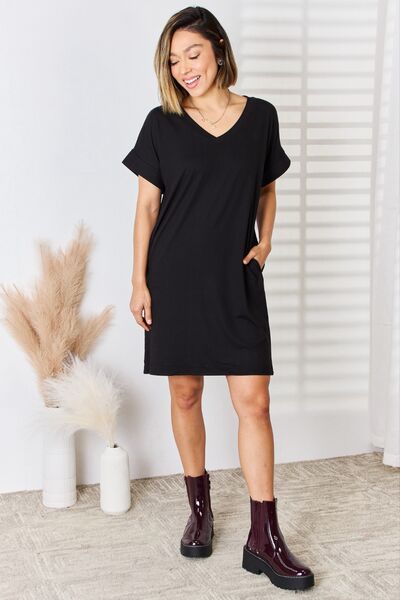 Zenana Full Size Rolled Short Sleeve V-Neck Dress BLUE ZONE PLANET