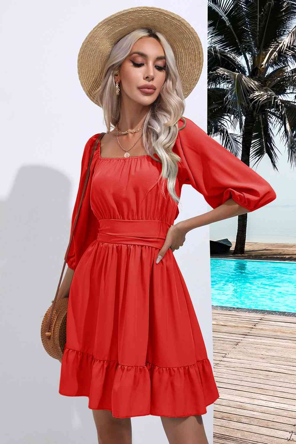 Blue Zone Planet |  Square Neck Tie Back Ruffle Hem Dress BLUE ZONE PLANET