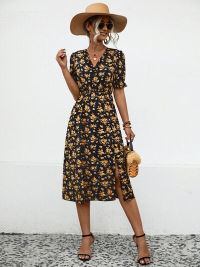 Blue Zone Planet | Slit Printed V-Neck Short Sleeve Dress BLUE ZONE PLANET
