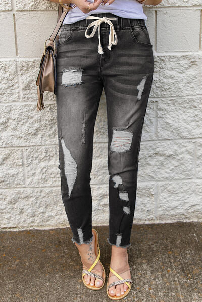 Blue Zone Planet | Drawstring Distressed Raw Hem Jeans with Pockets BLUE ZONE PLANET