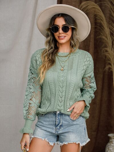 Blue Zone Planet | Eyelet Crochet Lantern Sleeve Sweater BLUE ZONE PLANET