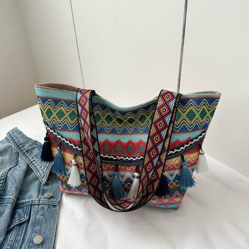 Printed Tassel Detail Tote Bag BLUE ZONE PLANET
