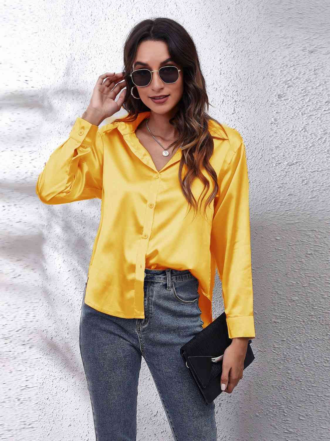Collared Neck Buttoned Long Sleeve Shirt BLUE ZONE PLANET