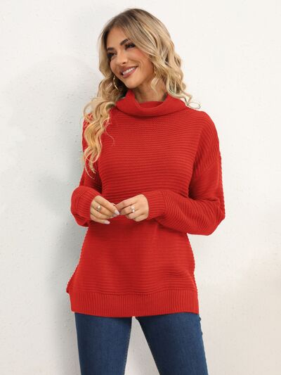 Slit Turtleneck Dropped Shoulder Sweater Trendsi