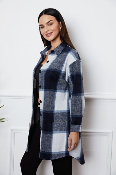 Plaid Button Up Collared Neck Outerwear BLUE ZONE PLANET