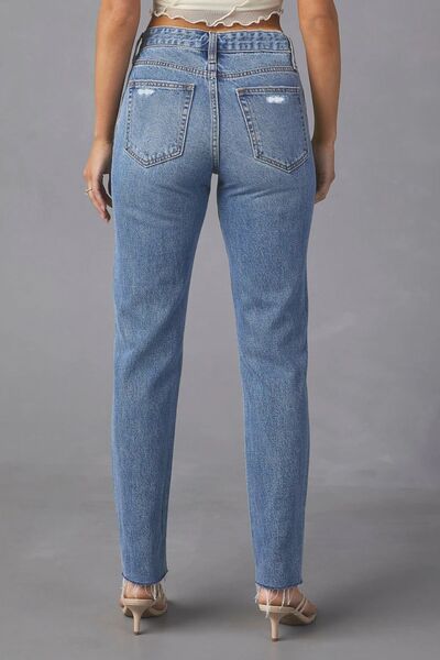 Distressed Raw Hem Straight Jeans with Pockets BLUE ZONE PLANET